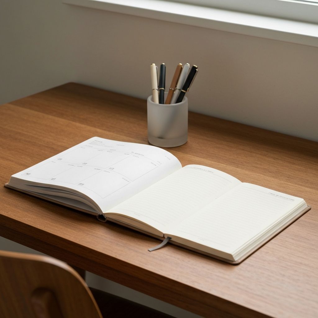 Aufgeräumter Schreibtisch mit offenem Planer, Notizbuch und mehreren Stiften in harmonischen Farben