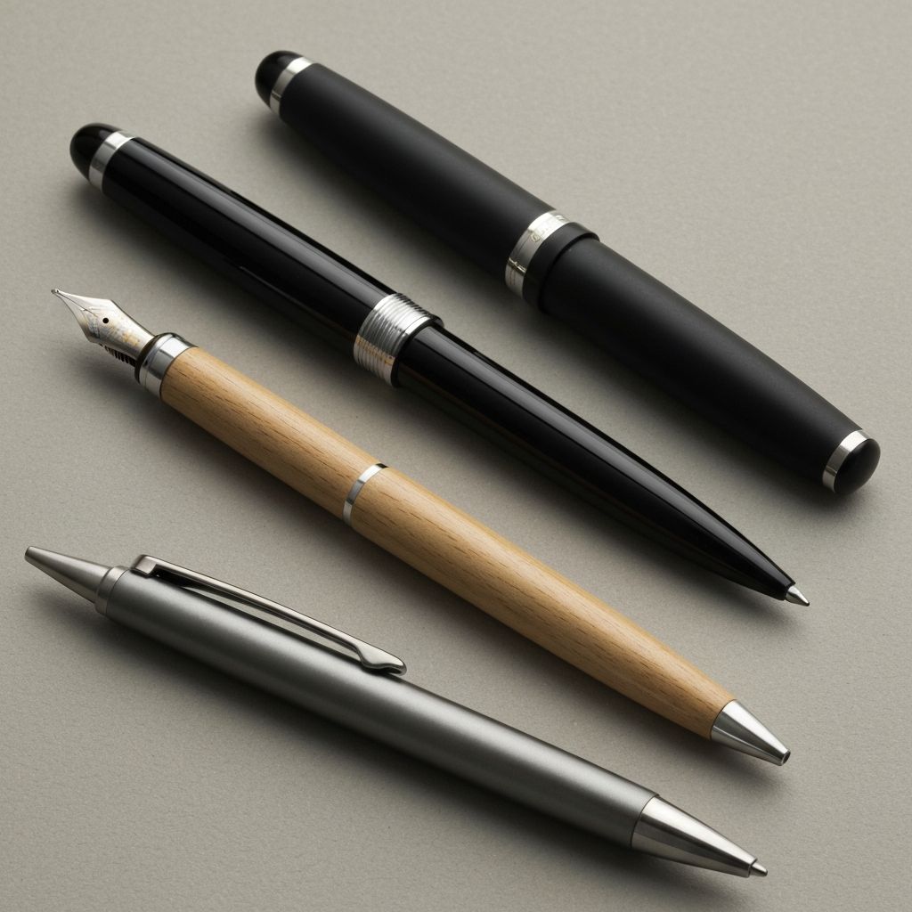 Verschiedene hochwertige Schreibgeräte nebeneinander, die Balance und Gewicht demonstrieren