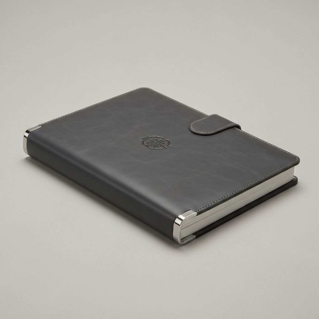 Premiumplaner mit ledernem Einband in dunklem Grau und vergoldeten Kantenverstärkungen